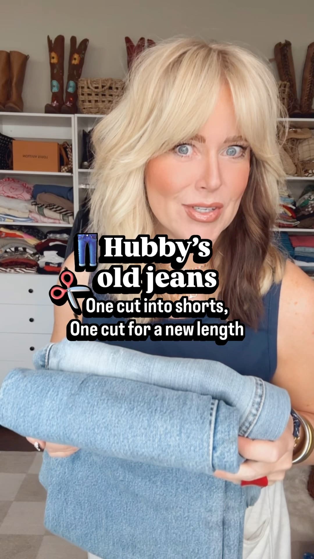 I’ve had so many ask me to cut length off of jeans and to cut jeans into shorts, so I shopped my hubby’s closet and found some old jeans to cut.