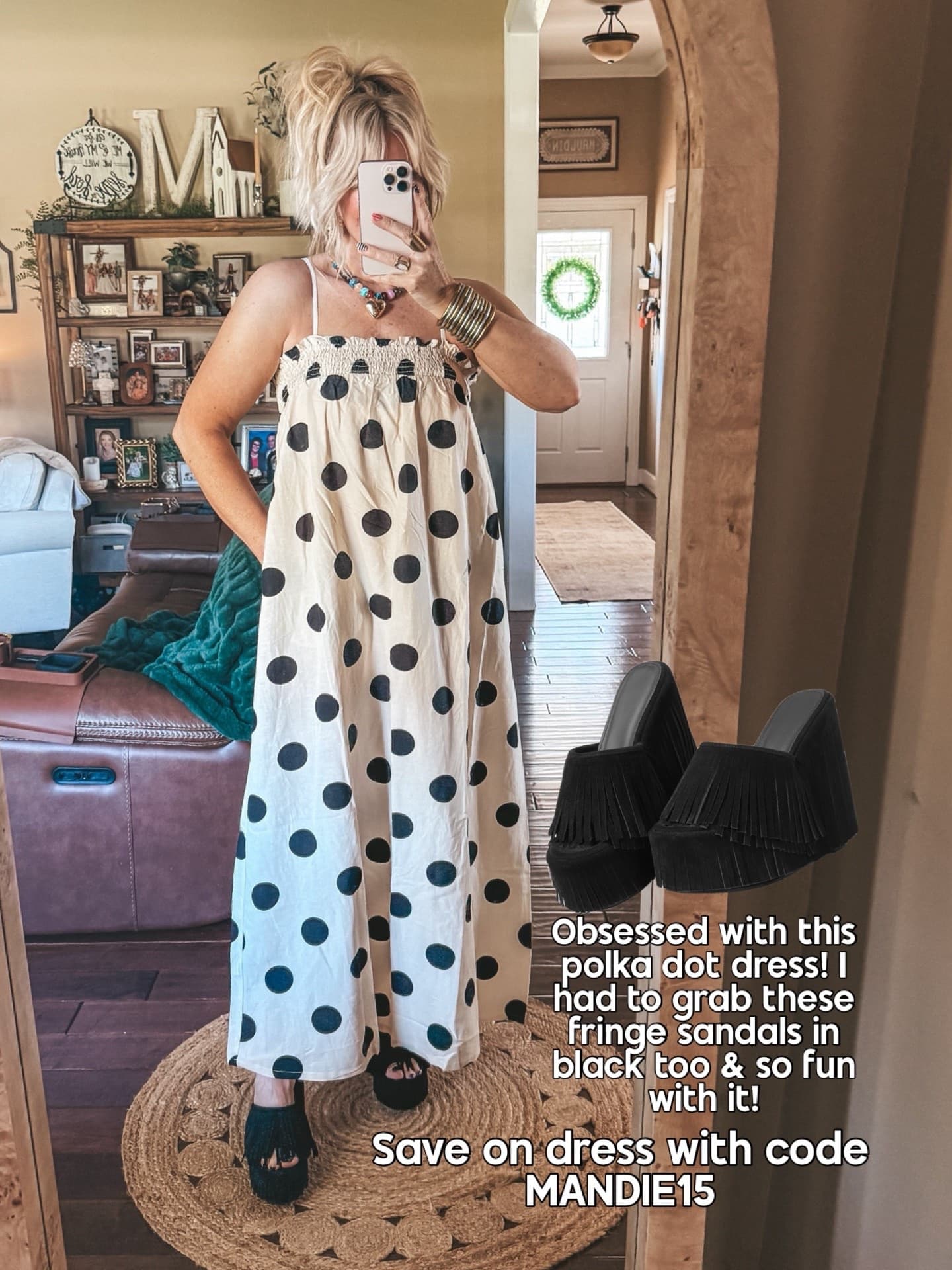 Save on this adorable dress with code MANDIE15
These fringe shoes are so cute with it!